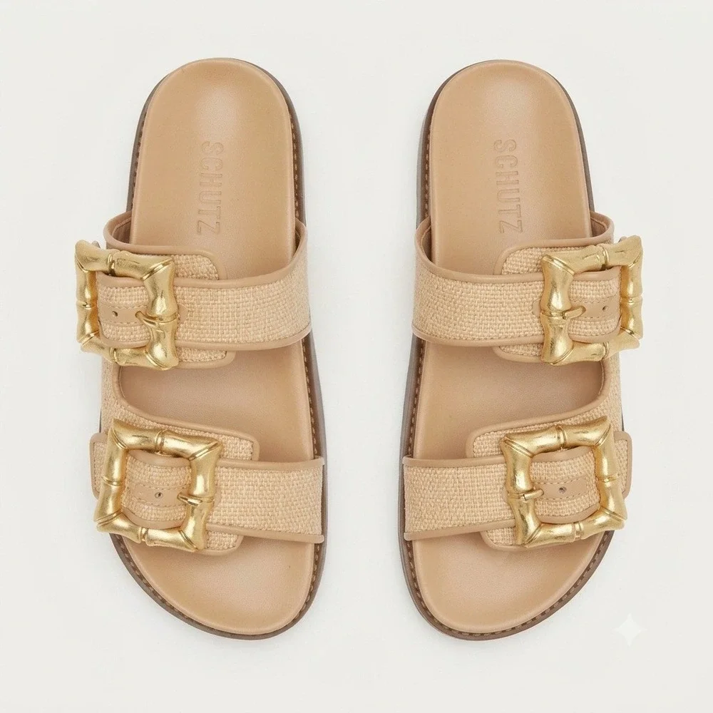 Schutz Enola Women 8 Raffia Double Strap Slide Sandals Gold Bamboo Buckle Tan